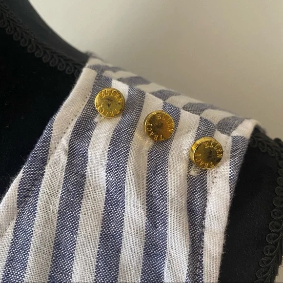 ELLEN TRACY Striped Linen Relaxed Blouse White Blue with Gold Shoulder Detail L - Picture 4 of 13